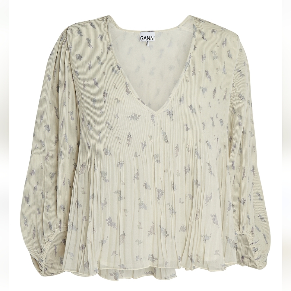 GANNI Floral Georgette Top With Balloon Sleeves and Plisse Tucks size 36 4 US - Picture 2 of 12